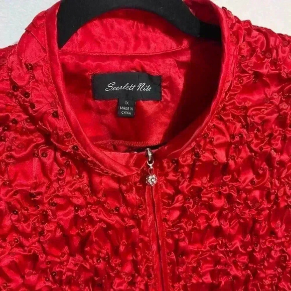 Scarlett Nite vintage 80’s red satin look sequined zip-up jacket 1X - Picture 2 of 8